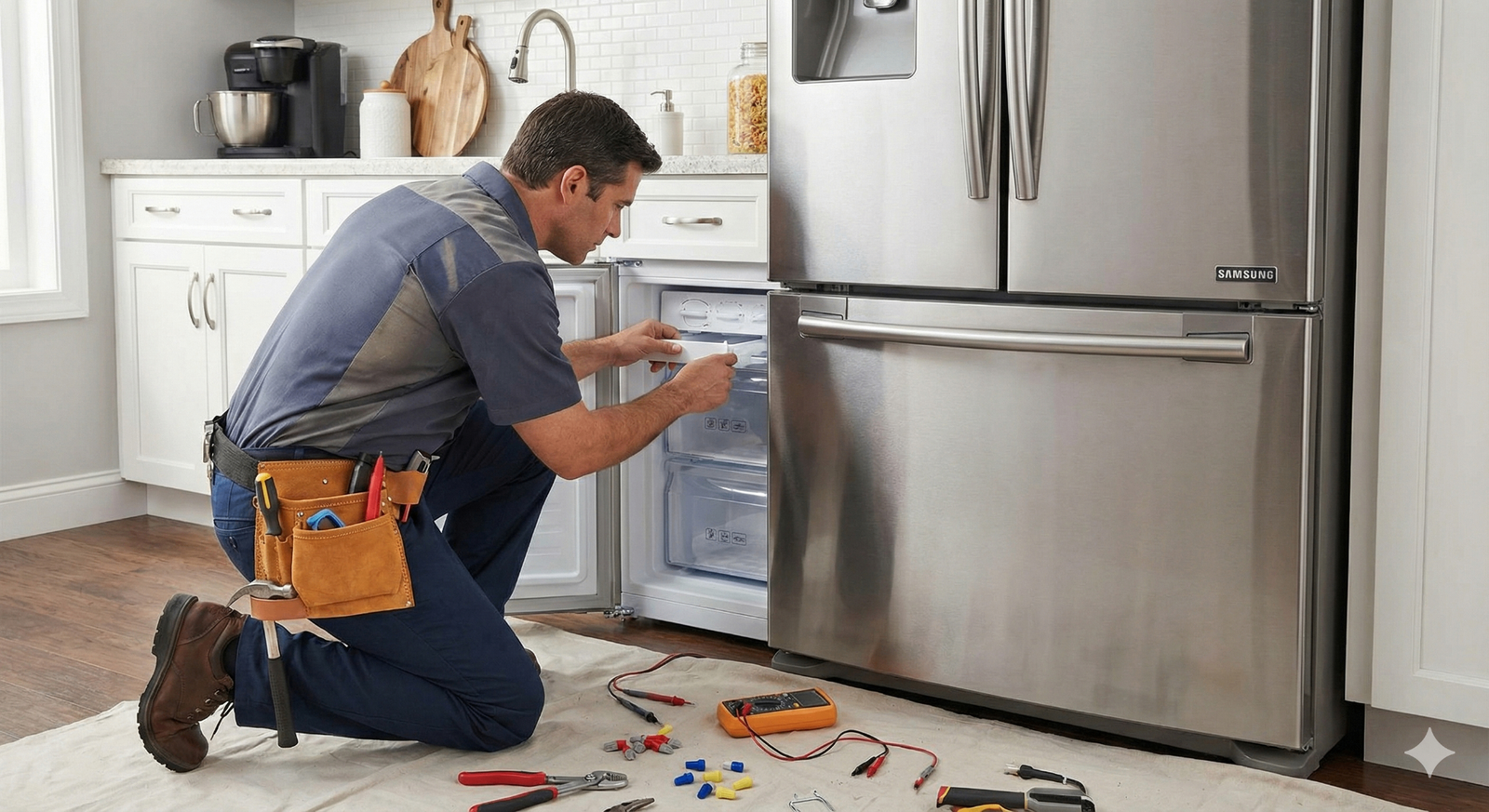 Técnico realizando conserto de geladeira Samsung em Maringá